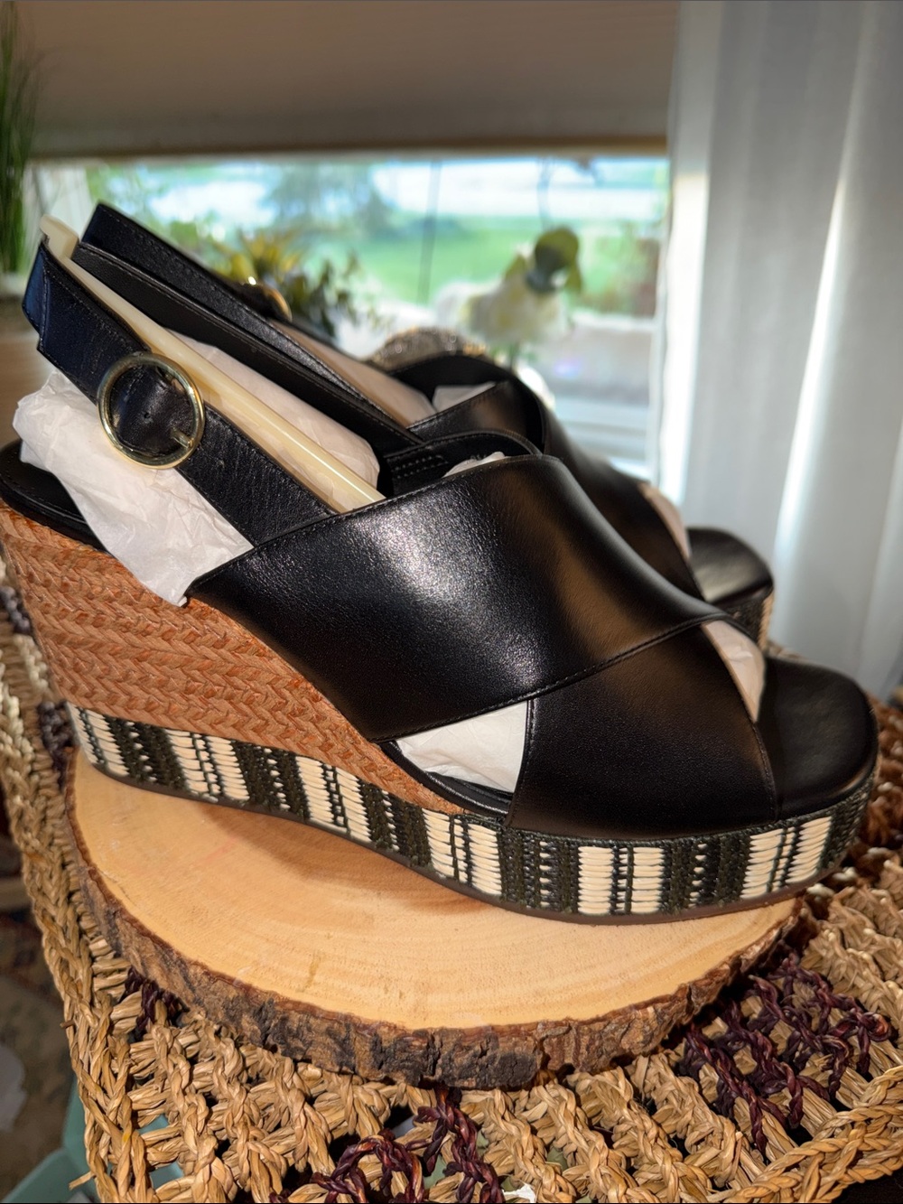 Linea Paolo Valery-L Black Leather Platform Wedge Sandals Size 9M - Picture 4 of 10